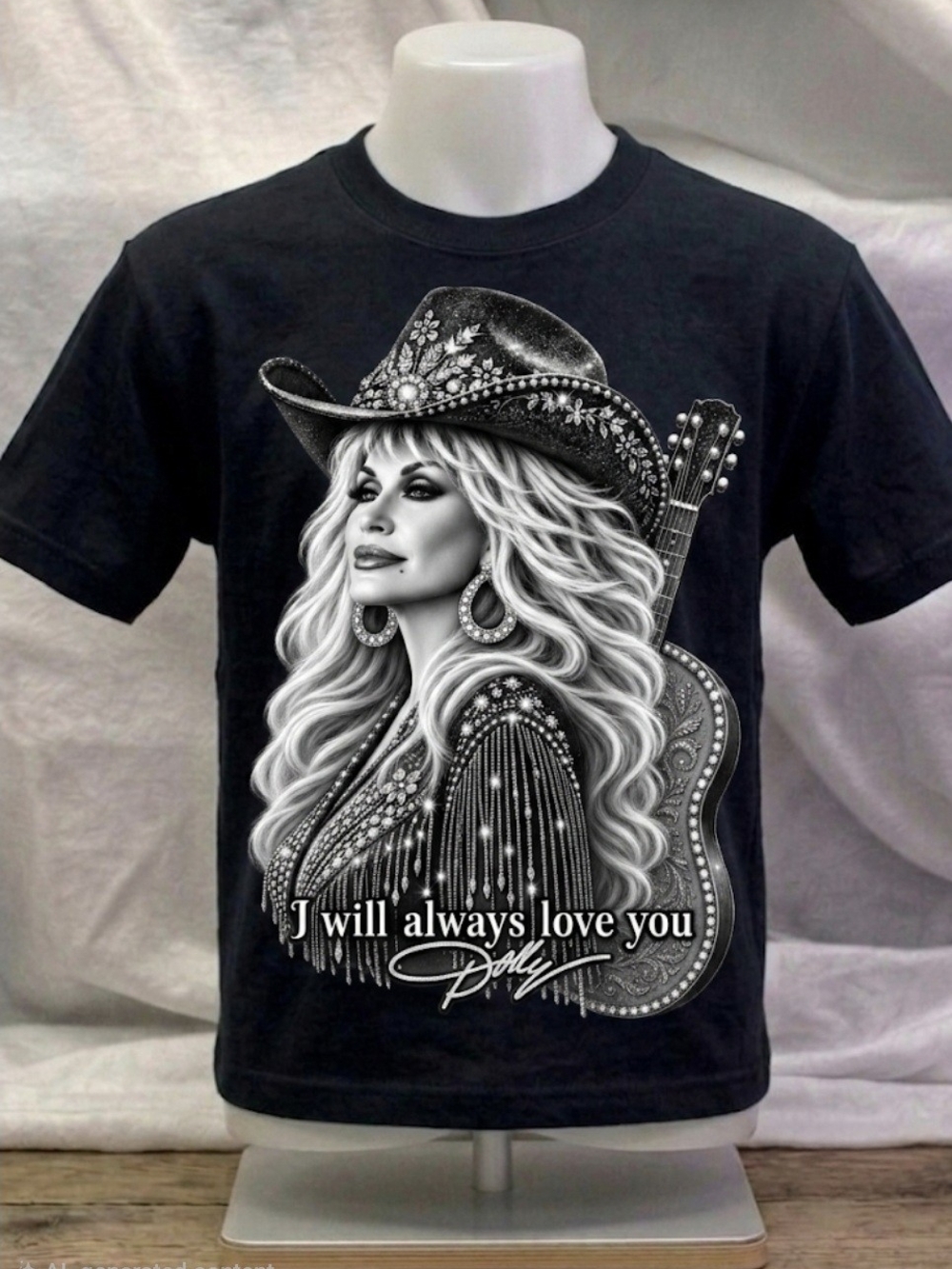Dolly Parton Black Graphic Tee with Monochrome Country Portrait